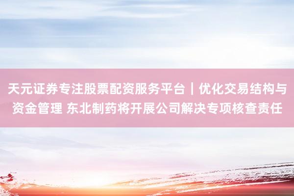 天元证券专注股票配资服务平台｜优化交易结构与资金管理 东北制药将开展公司解决专项核查责任